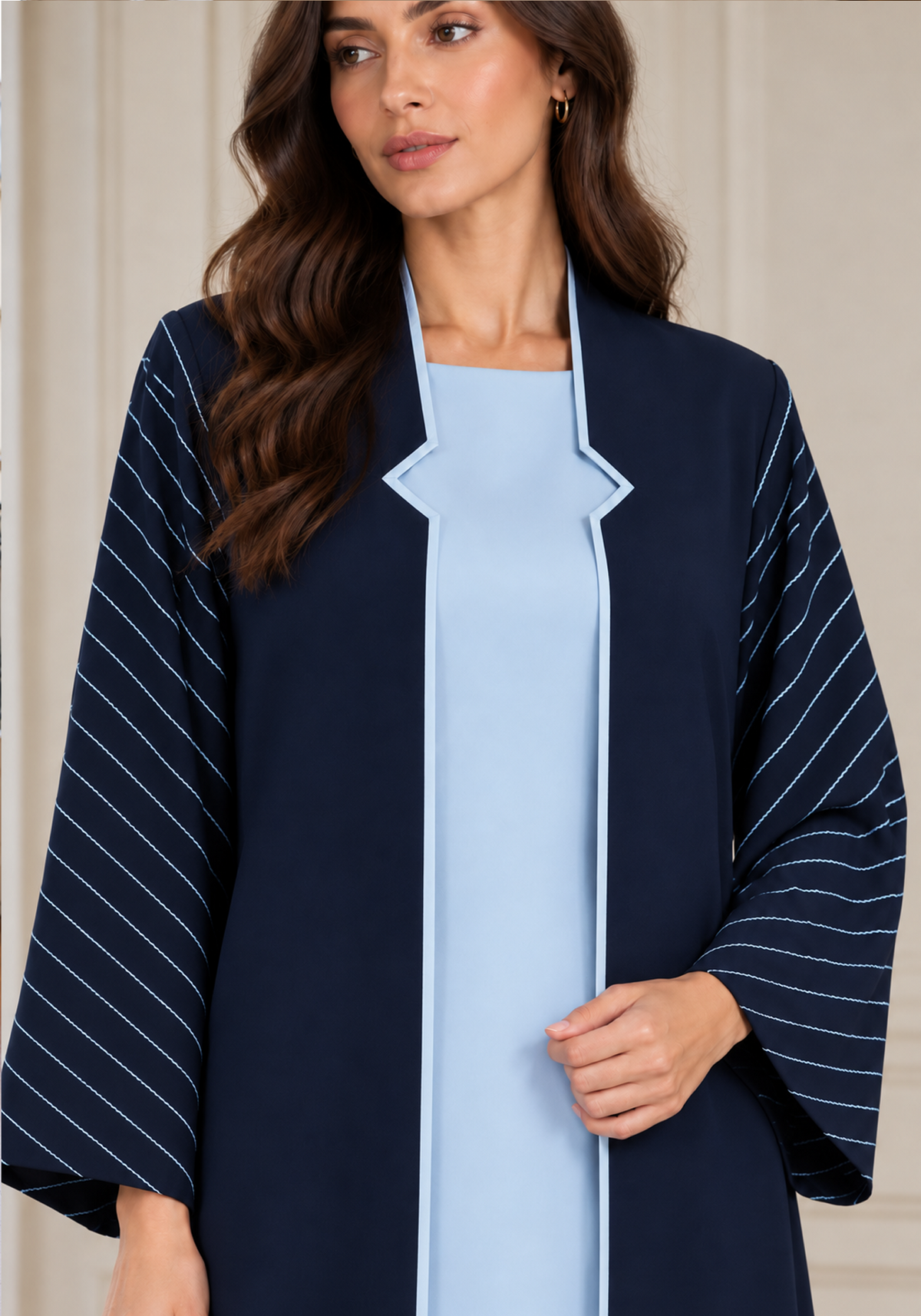 Navy Blue & Ice Blue 3-Piece Crepe Abaya Set with with Geometric Neckline & Striped Sleeves