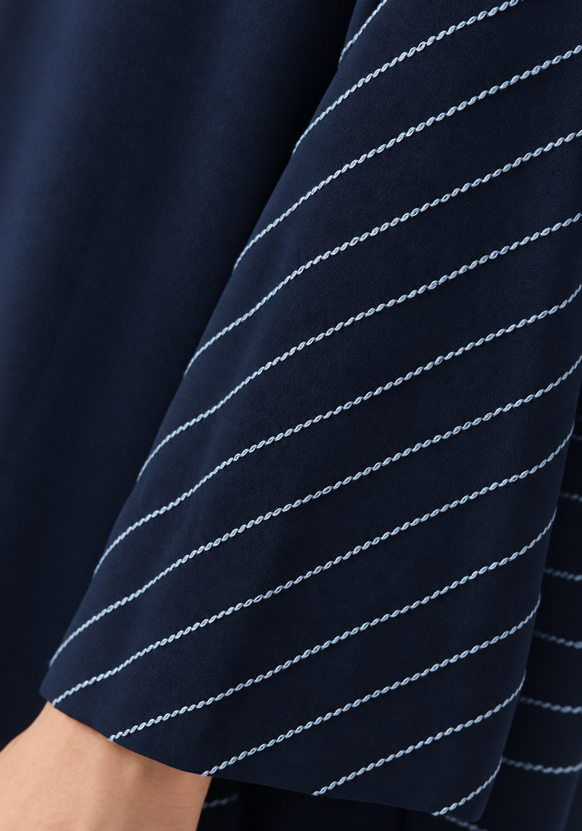 Navy Blue & Ice Blue 3-Piece Crepe Abaya Set with with Geometric Neckline & Striped Sleeves