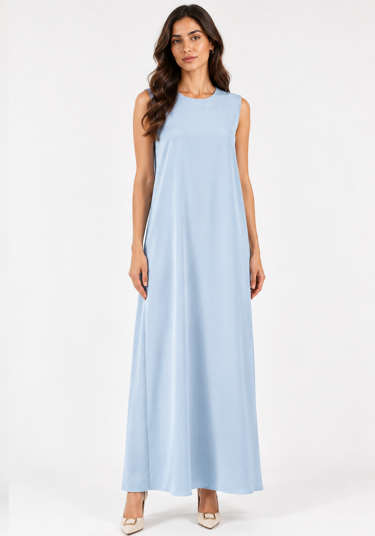 Navy Blue & Ice Blue 3-Piece Crepe Abaya Set with with Geometric Neckline & Striped Sleeves