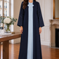 Navy Blue & Ice Blue 3-Piece Crepe Abaya Set with with Geometric Neckline & Striped Sleeves