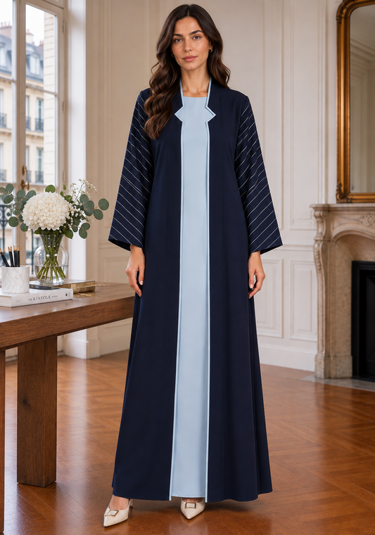 Navy Blue & Ice Blue 3-Piece Crepe Abaya Set with with Geometric Neckline & Striped Sleeves