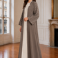 Taupe & Ivory 3-Piece Crepe Abaya Set with Geometric Neckline & Striped Sleeves