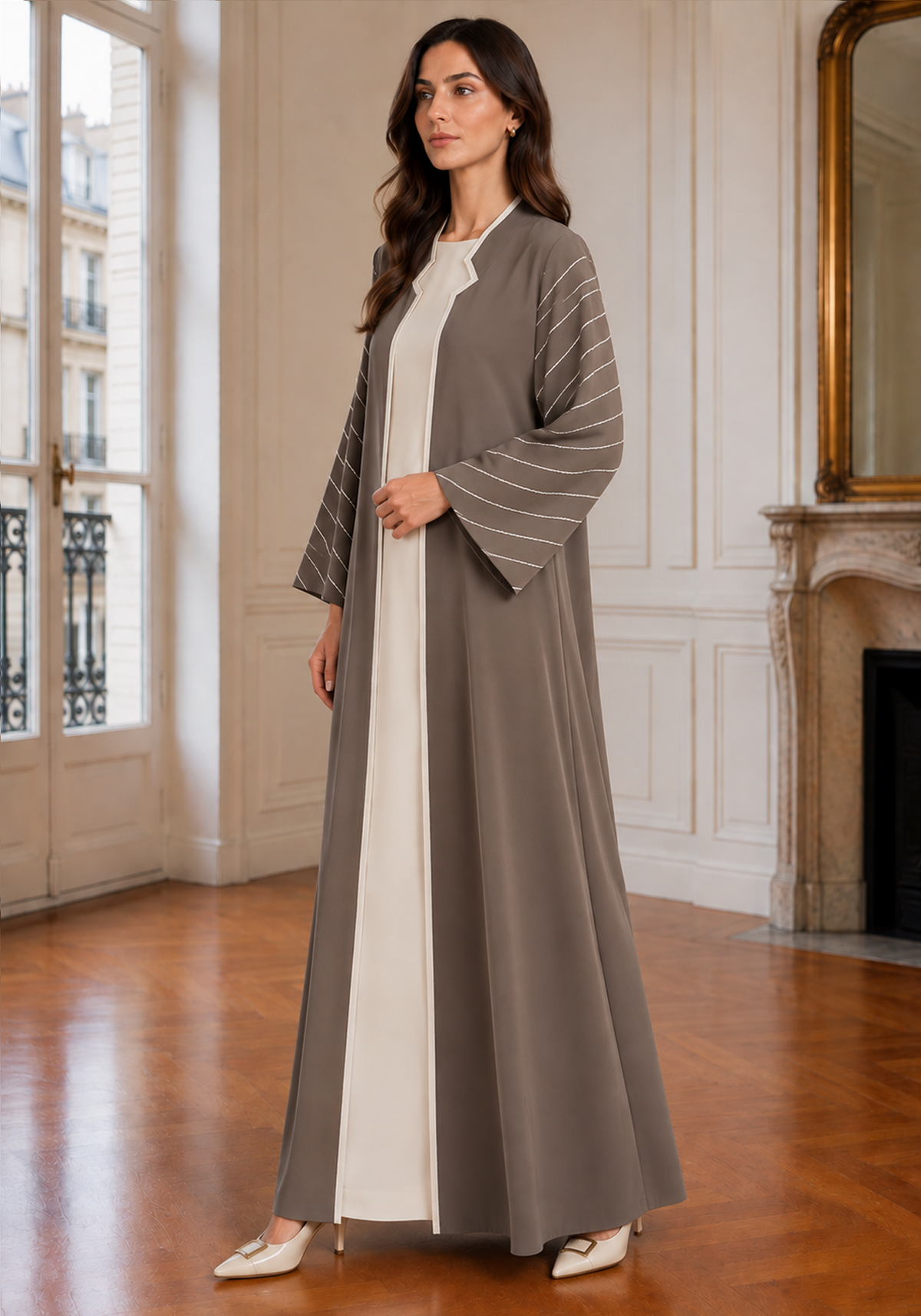 Taupe & Ivory 3-Piece Crepe Abaya Set with Geometric Neckline & Striped Sleeves