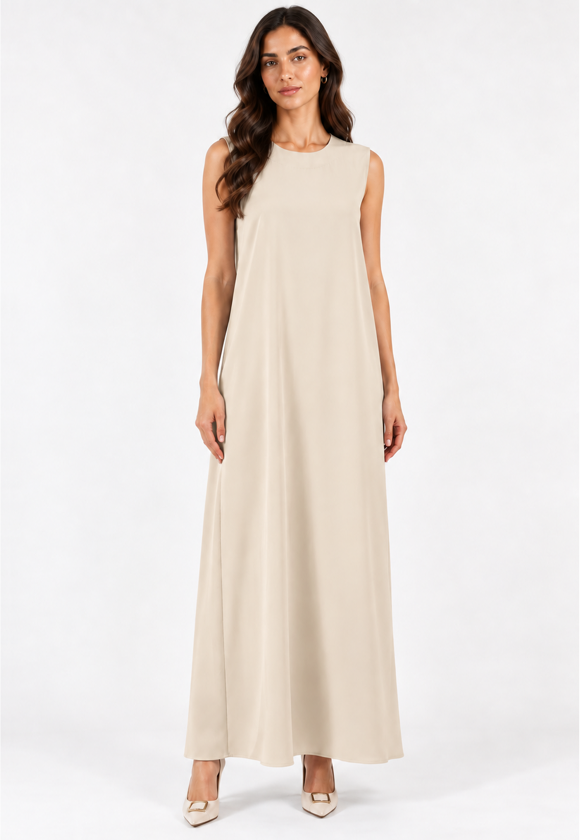 Taupe & Ivory 3-Piece Crepe Abaya Set with Geometric Neckline & Striped Sleeves