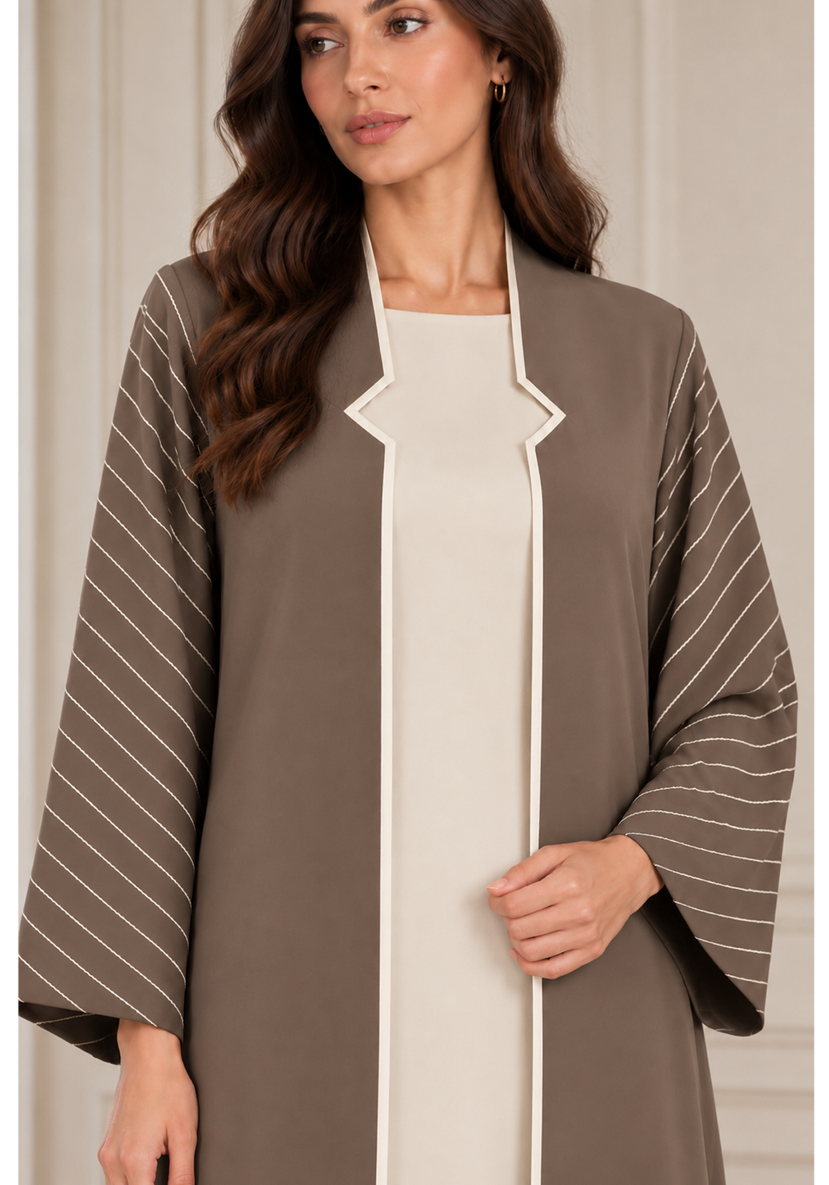 Taupe & Ivory 3-Piece Crepe Abaya Set with Geometric Neckline & Striped Sleeves