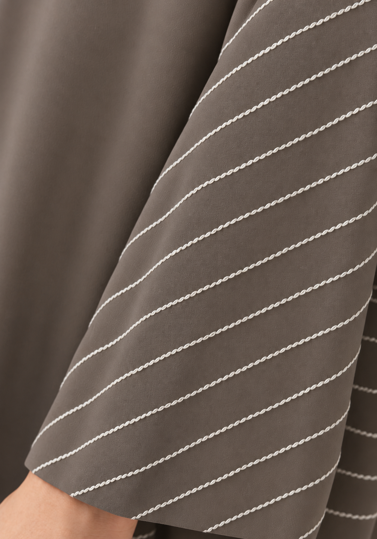 Taupe & Ivory 3-Piece Crepe Abaya Set with Geometric Neckline & Striped Sleeves