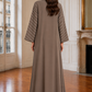 Taupe & Ivory 3-Piece Crepe Abaya Set with Geometric Neckline & Striped Sleeves