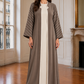 Taupe & Ivory 3-Piece Crepe Abaya Set with Geometric Neckline & Striped Sleeves