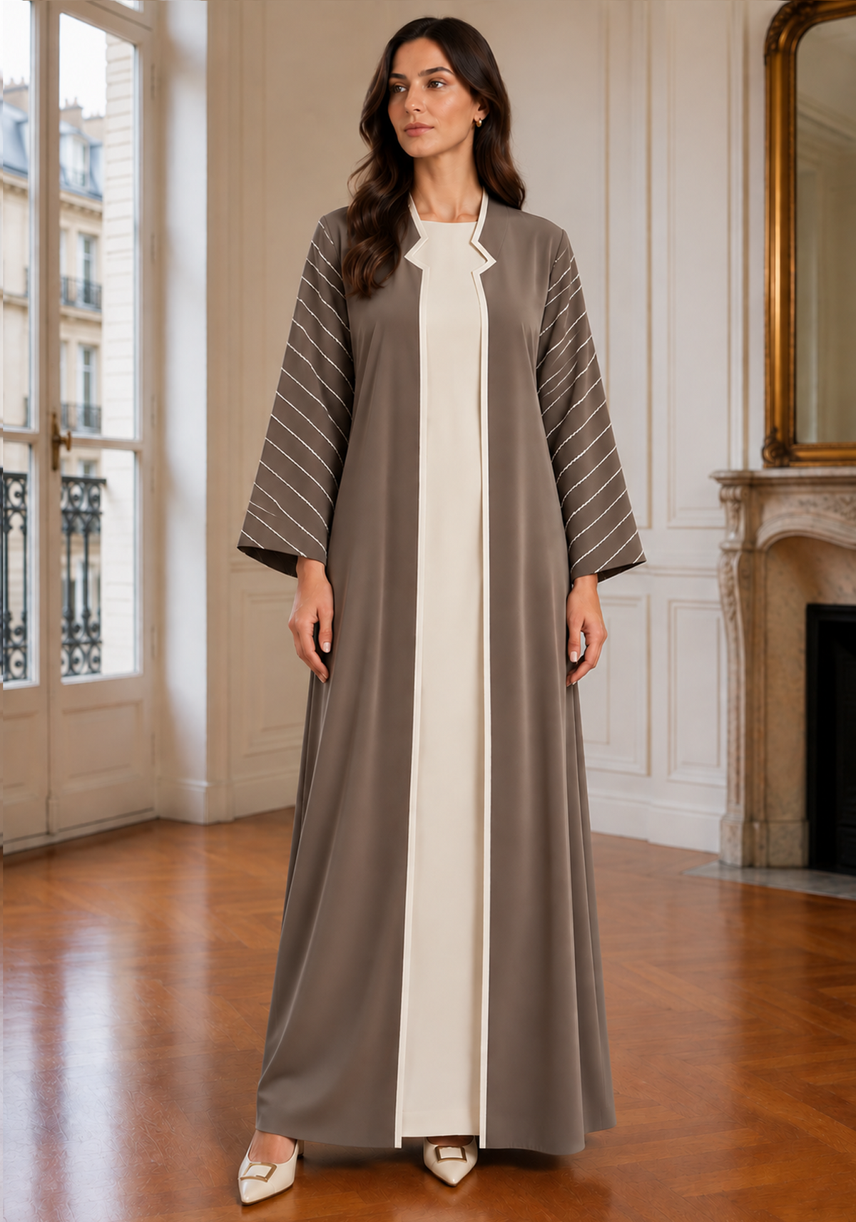 Taupe & Ivory 3-Piece Crepe Abaya Set with Geometric Neckline & Striped Sleeves
