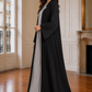 Black & Grey 3-Piece Crepe Abaya Set with Geometric Neckline & Striped Sleeves