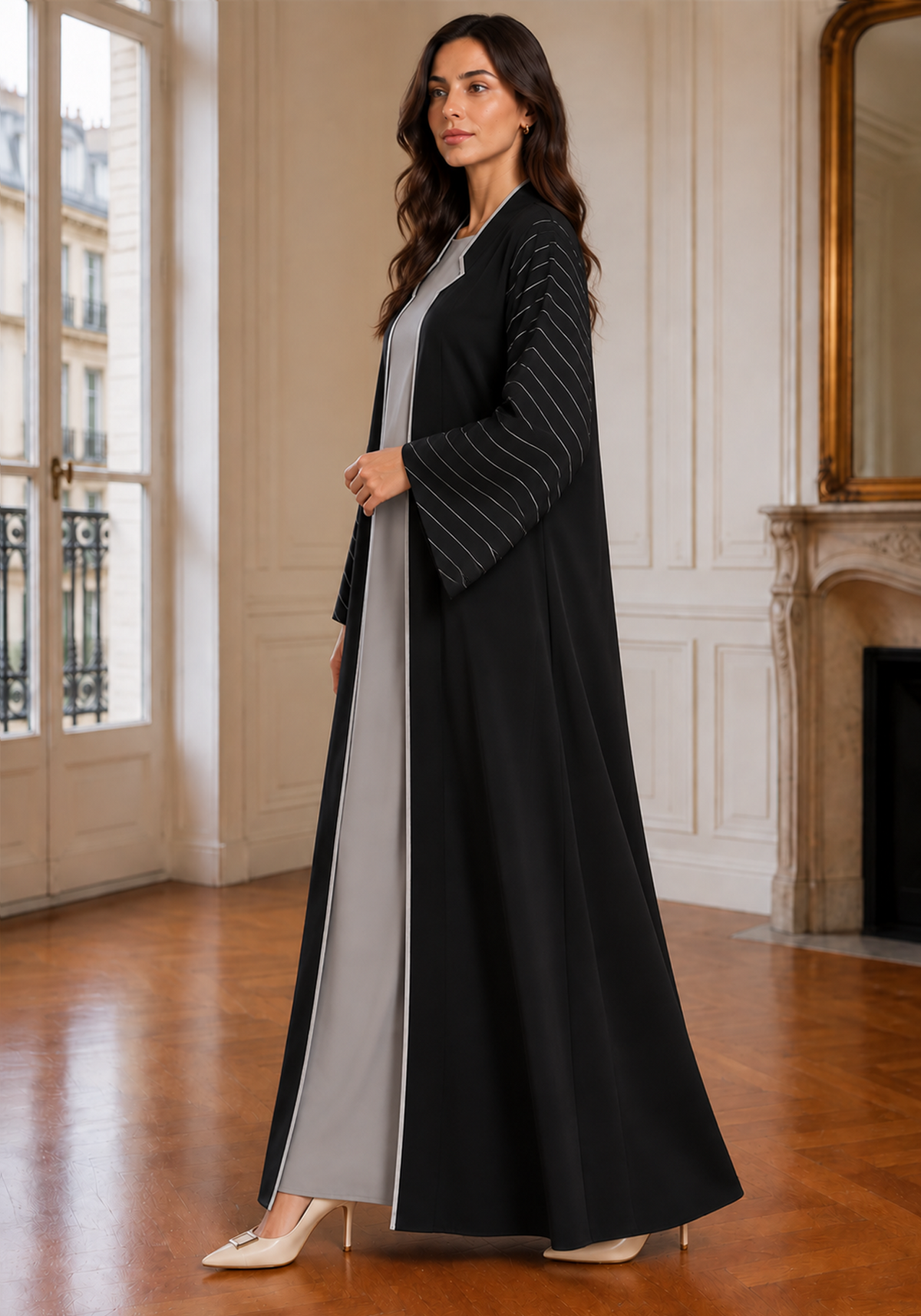 Black & Grey 3-Piece Crepe Abaya Set with Geometric Neckline & Striped Sleeves