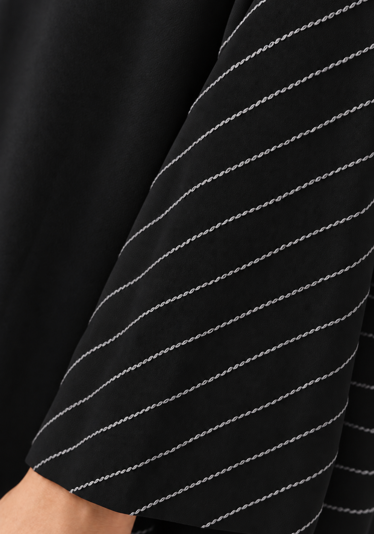 Black & Grey 3-Piece Crepe Abaya Set with Geometric Neckline & Striped Sleeves