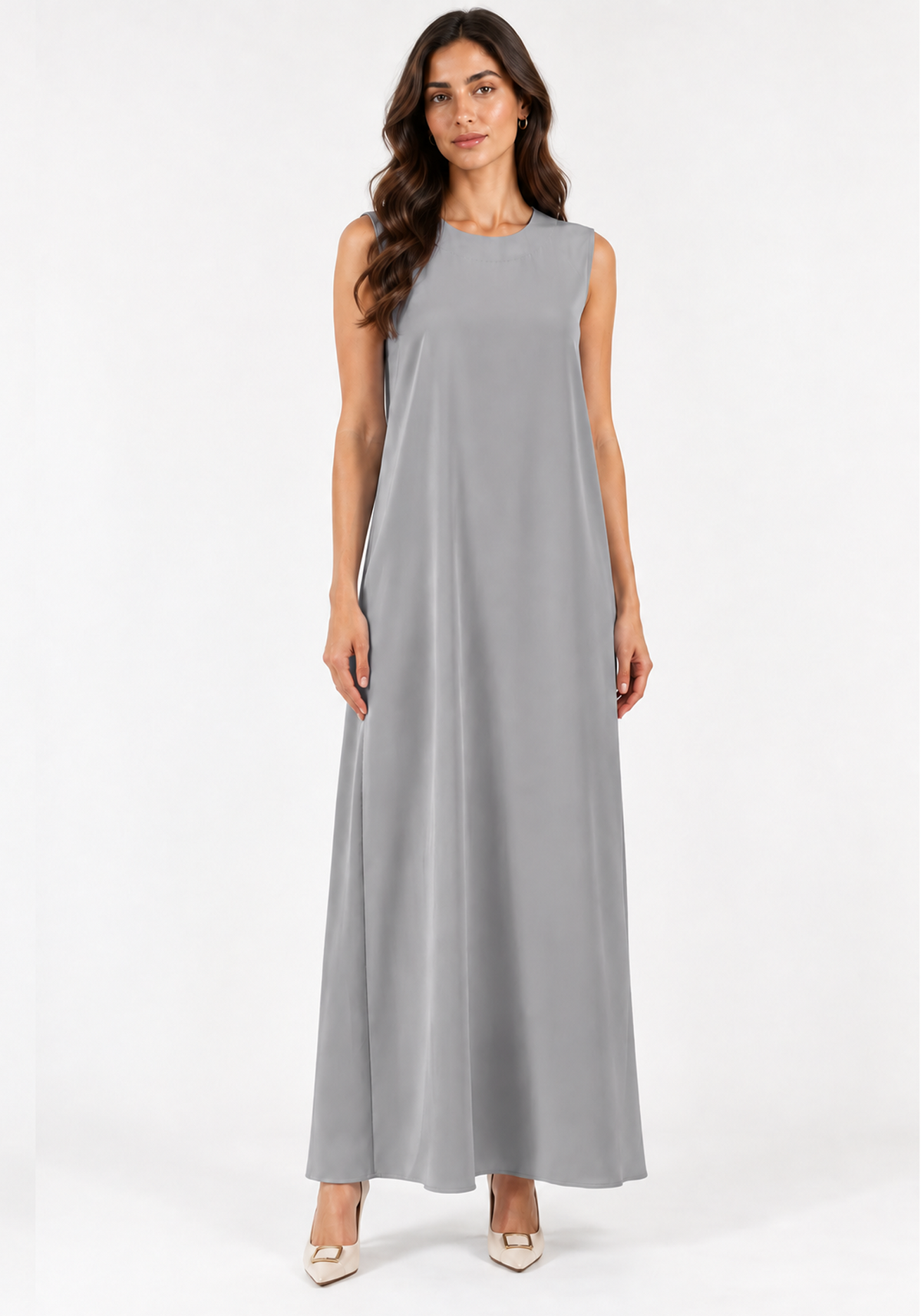 Black & Grey 3-Piece Crepe Abaya Set with Geometric Neckline & Striped Sleeves