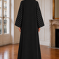 Black & Grey 3-Piece Crepe Abaya Set with Geometric Neckline & Striped Sleeves
