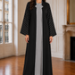 Black & Grey 3-Piece Crepe Abaya Set with Geometric Neckline & Striped Sleeves