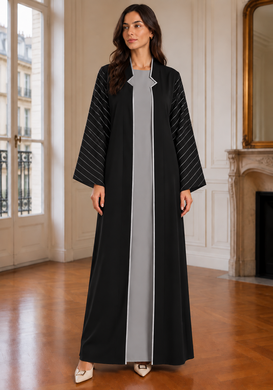 Black & Grey 3-Piece Crepe Abaya Set with Geometric Neckline & Striped Sleeves