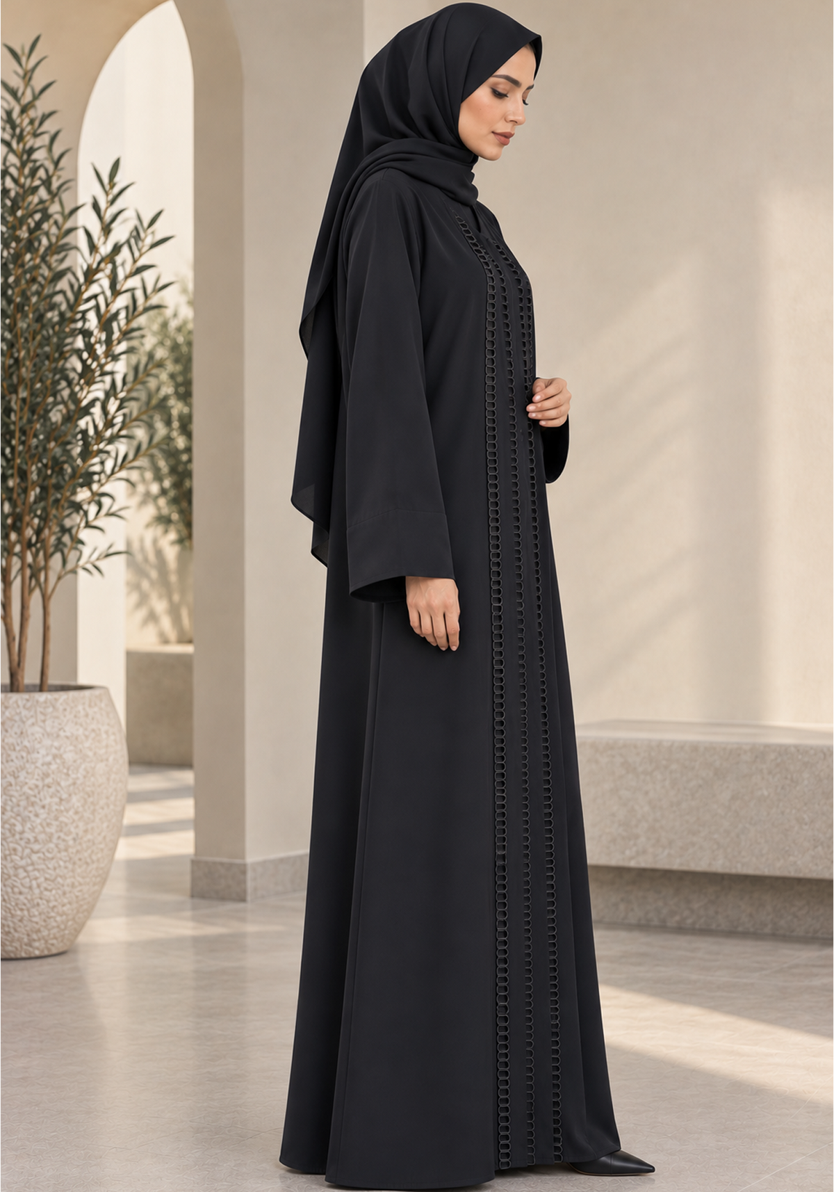 Black Korean Nida Abaya with Signature Front Loop Detailing & Matching Hijab