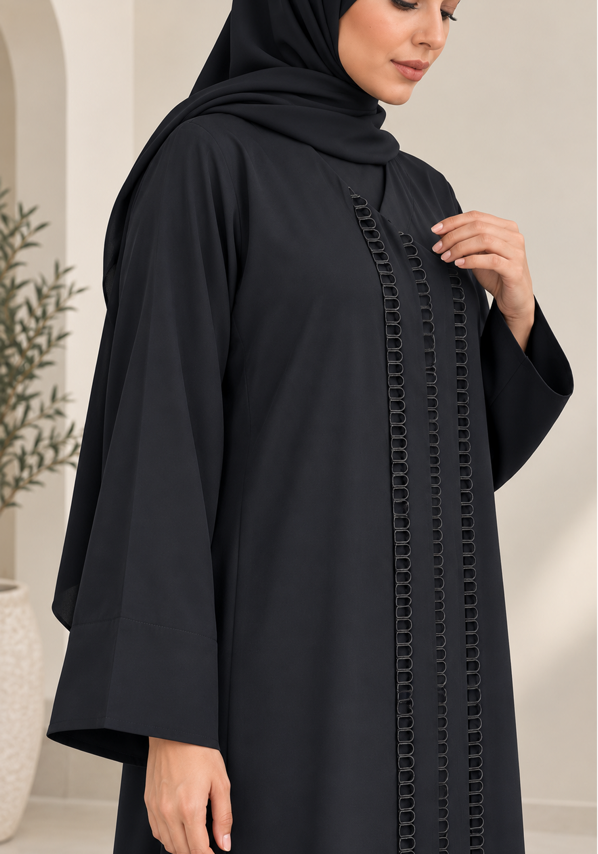 Black Korean Nida Abaya with Signature Front Loop Detailing & Matching Hijab