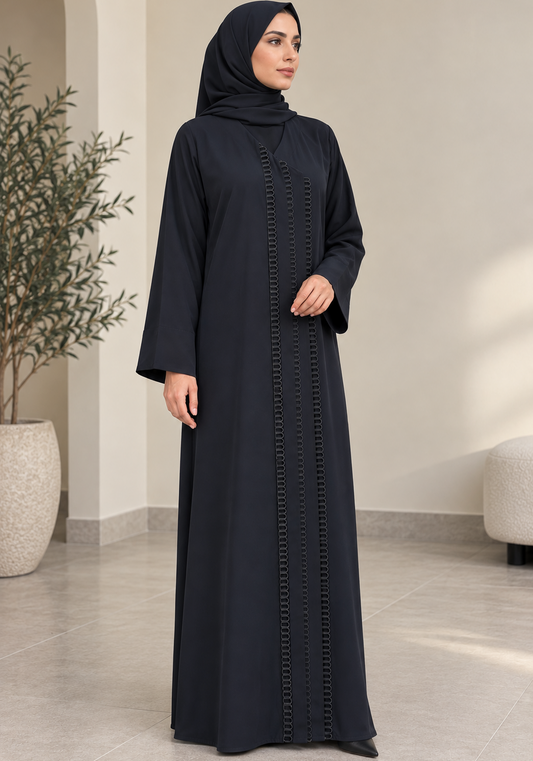 Black Korean Nida Abaya with Signature Front Loop Detailing & Matching Hijab