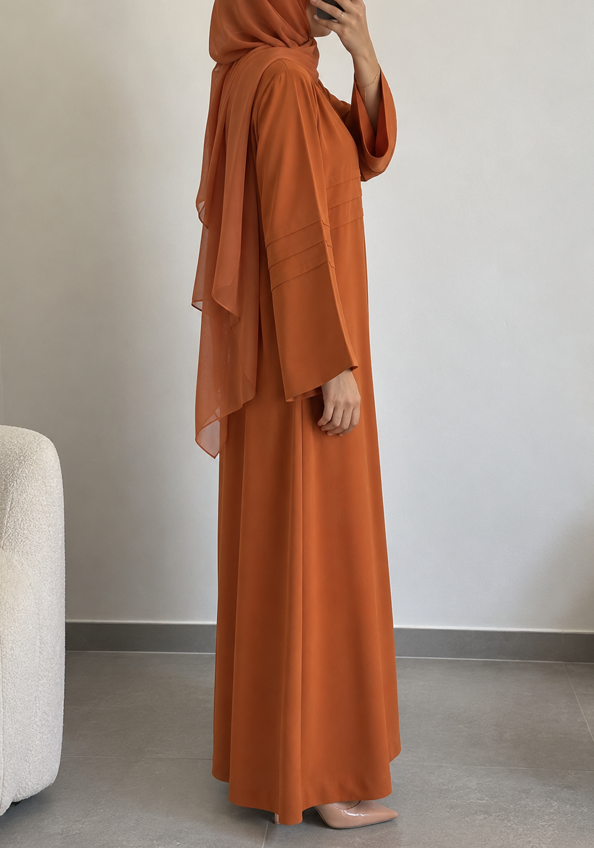 Burnt Orange Nida Abaya with Layered Front & Pleated Sleeve Detail