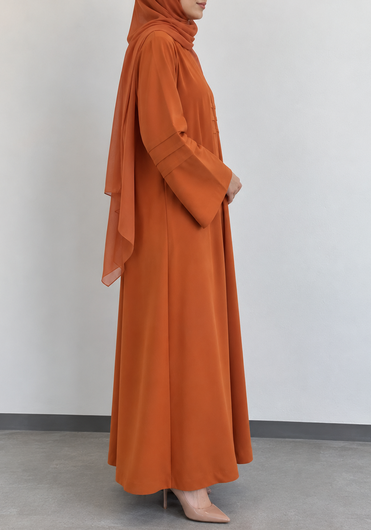 Burnt Orange Nida Abaya with Layered Front & Pleated Sleeve Detail