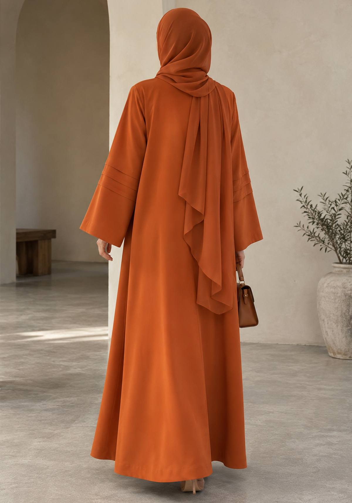 Burnt Orange Nida Abaya with Layered Front & Pleated Sleeve Detail