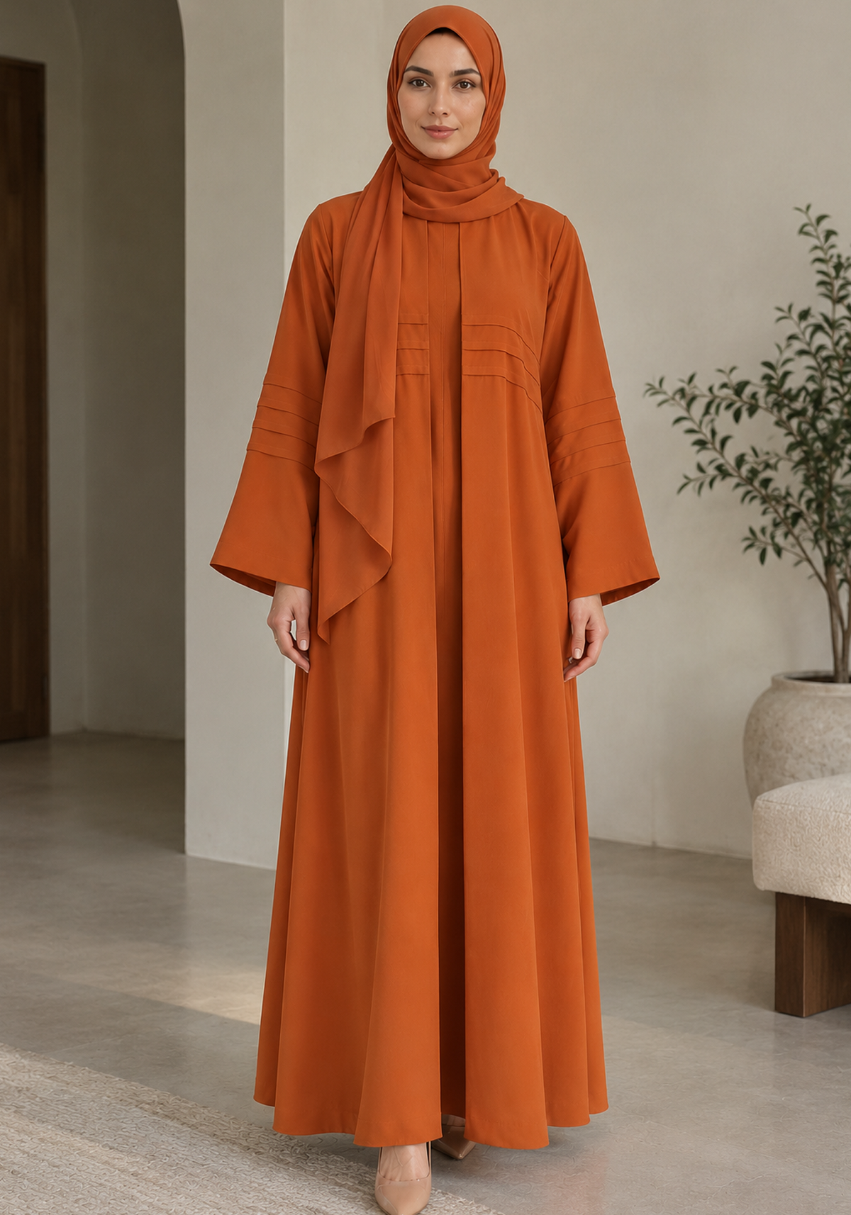 Burnt Orange Nida Abaya with Layered Front & Pleated Sleeve Detail