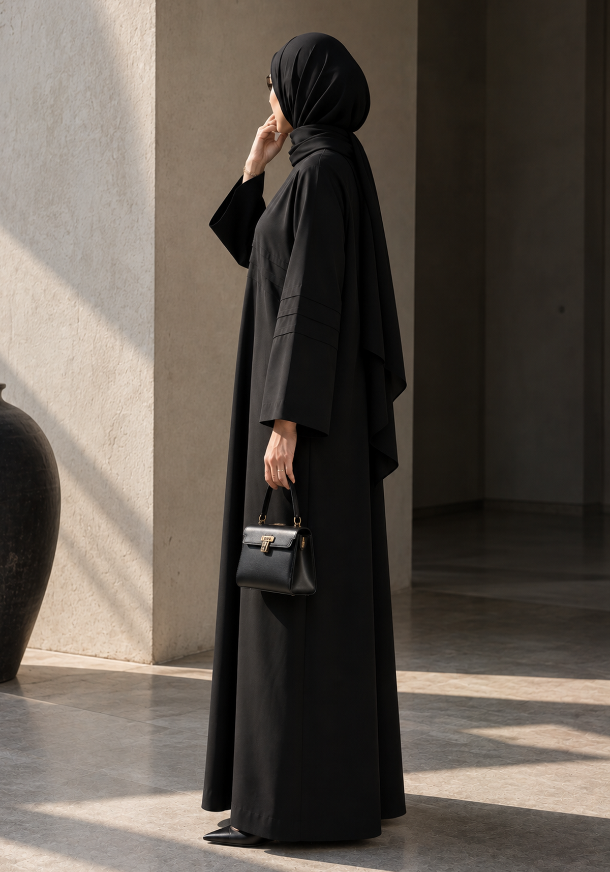 Black Nida Abaya with Layered Front Panel & Pleated Sleeve Detailing