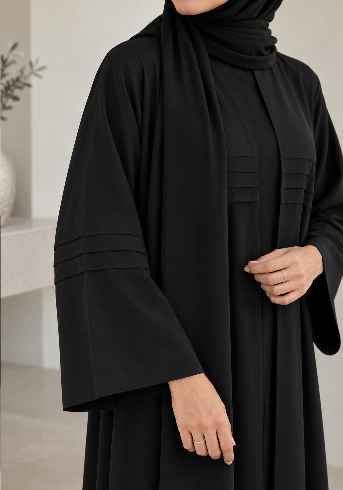 Black Nida Abaya with Layered Front Panel & Pleated Sleeve Detailing