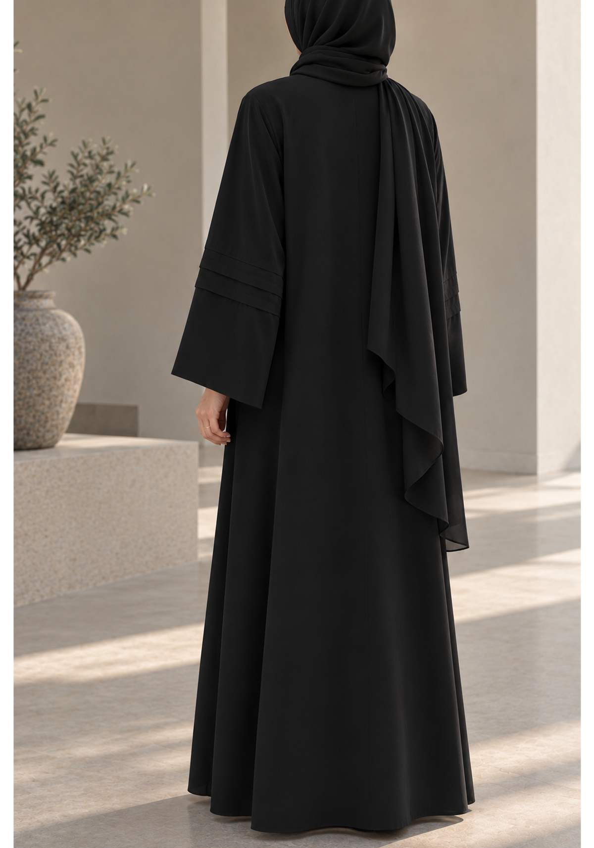 Black Nida Abaya with Layered Front Panel & Pleated Sleeve Detailing