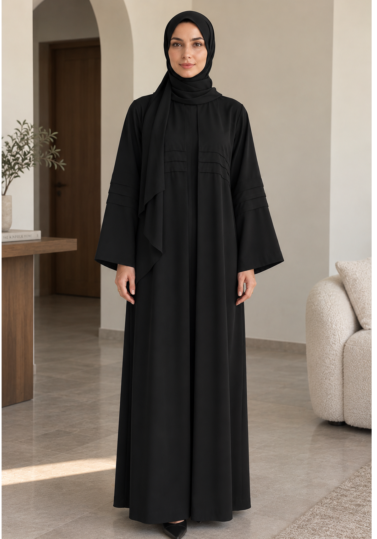Black Nida Abaya with Layered Front Panel & Pleated Sleeve Detailing