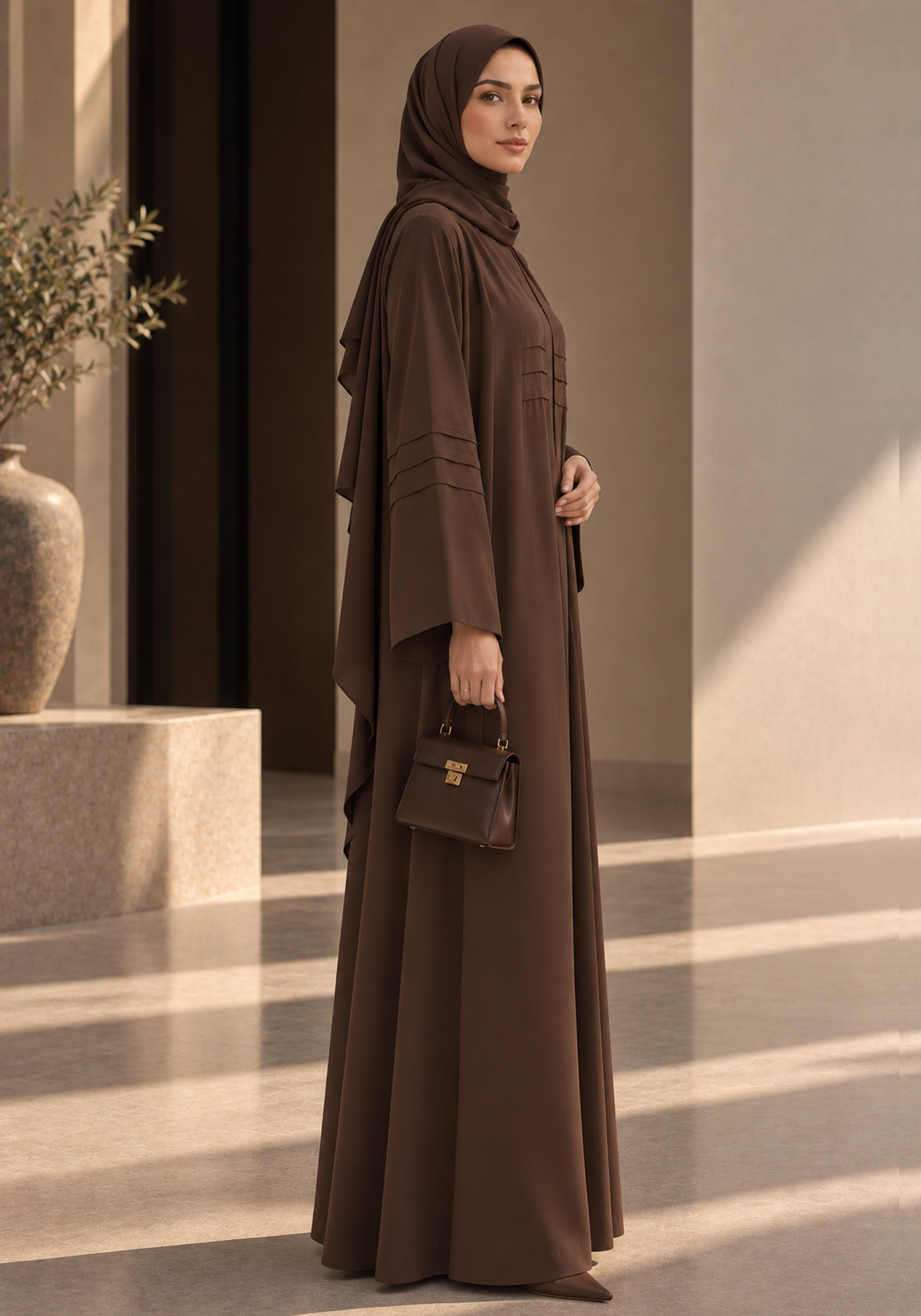 Brown Nida Abaya with Layered Front Panel & Pleated Sleeve Detailing