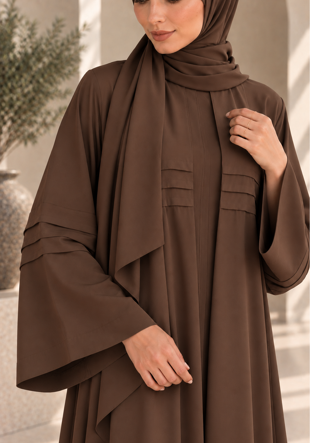 Brown Nida Abaya with Layered Front Panel & Pleated Sleeve Detailing
