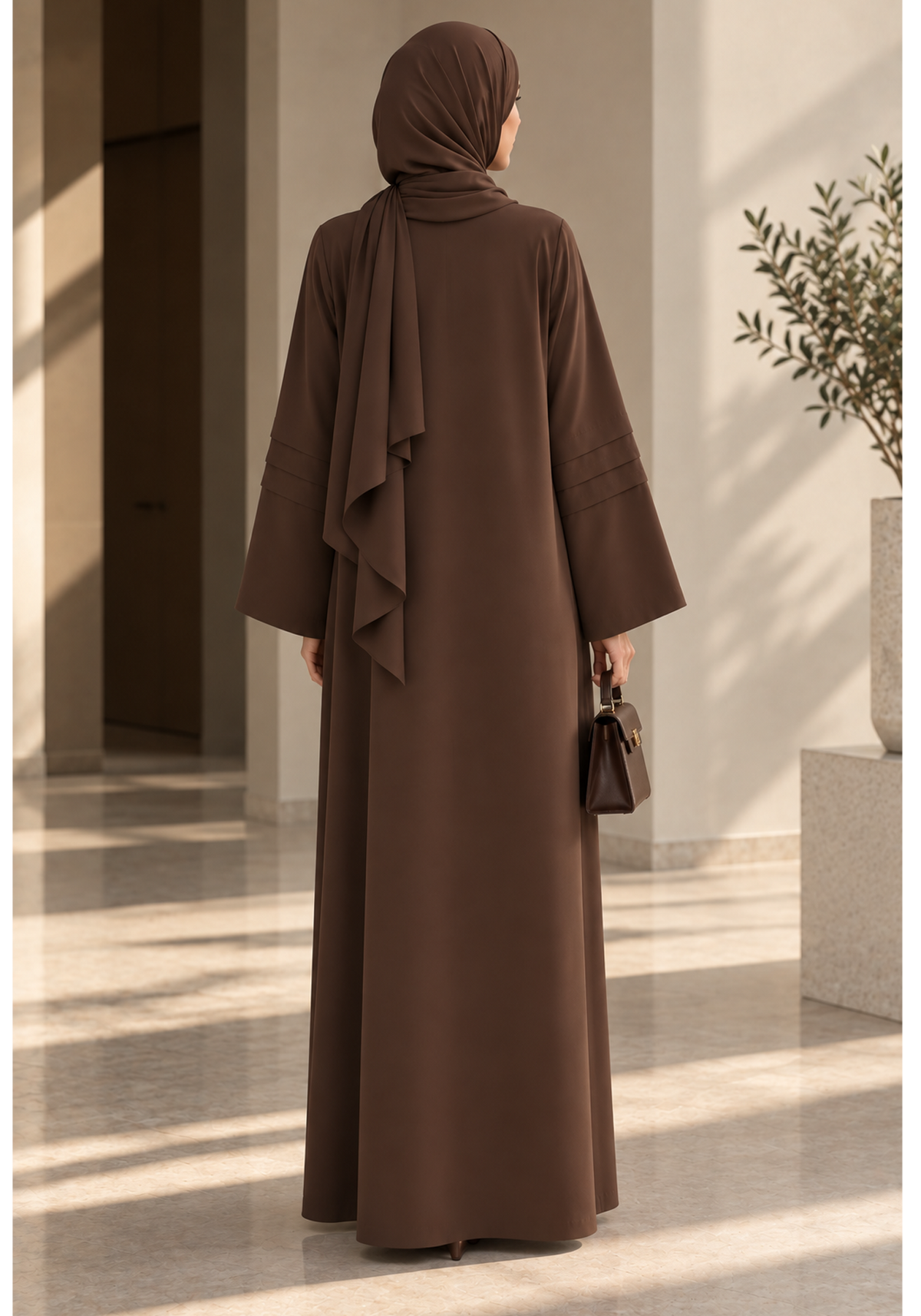 Brown Nida Abaya with Layered Front Panel & Pleated Sleeve Detailing