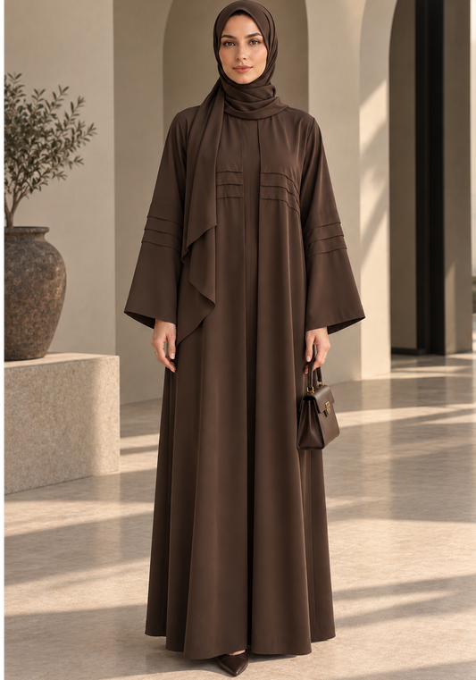 Brown Nida Abaya with Layered Front Panel & Pleated Sleeve Detailing