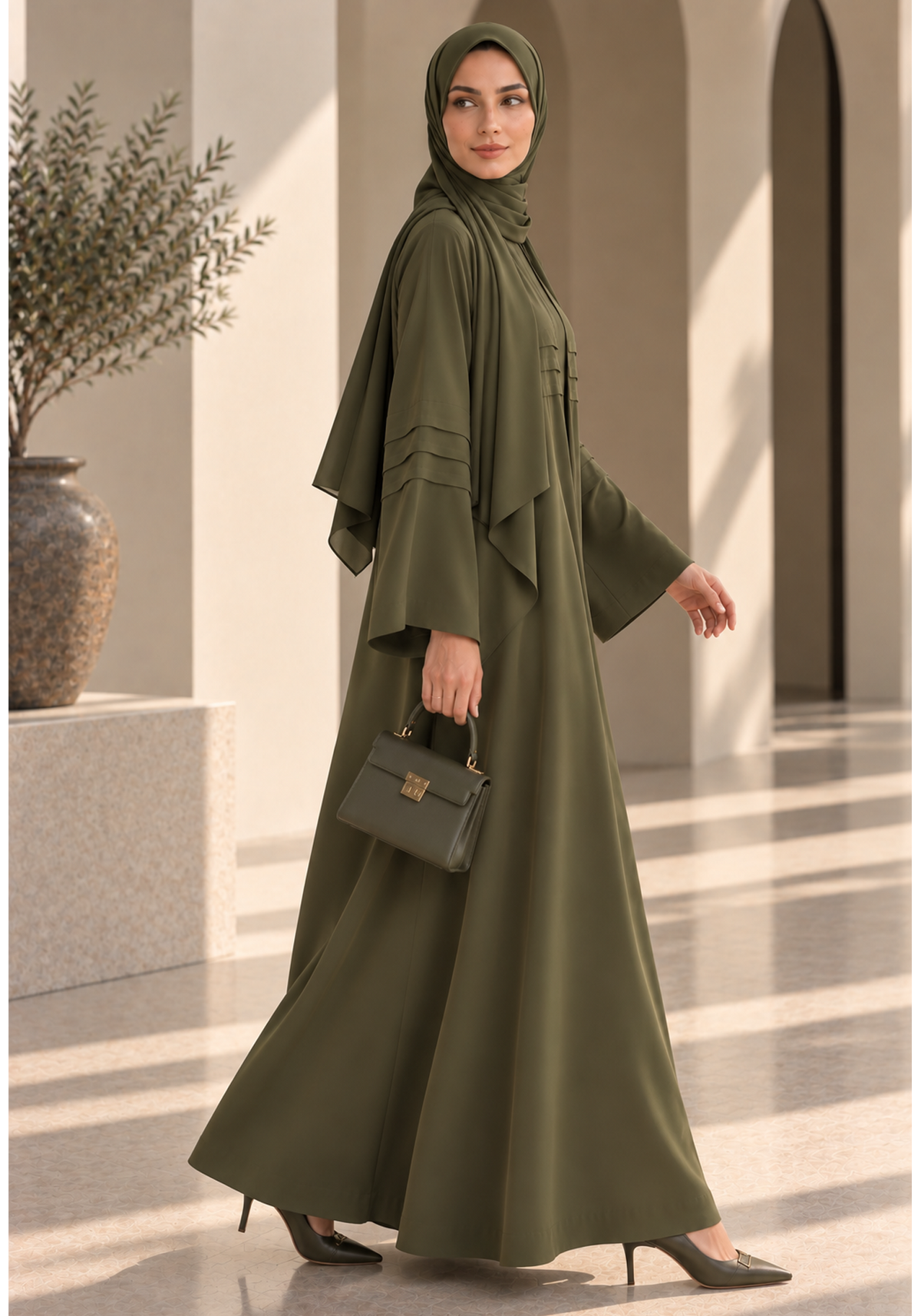 Olive Green Nida Abaya with Layered Front & Signature Pleated Details