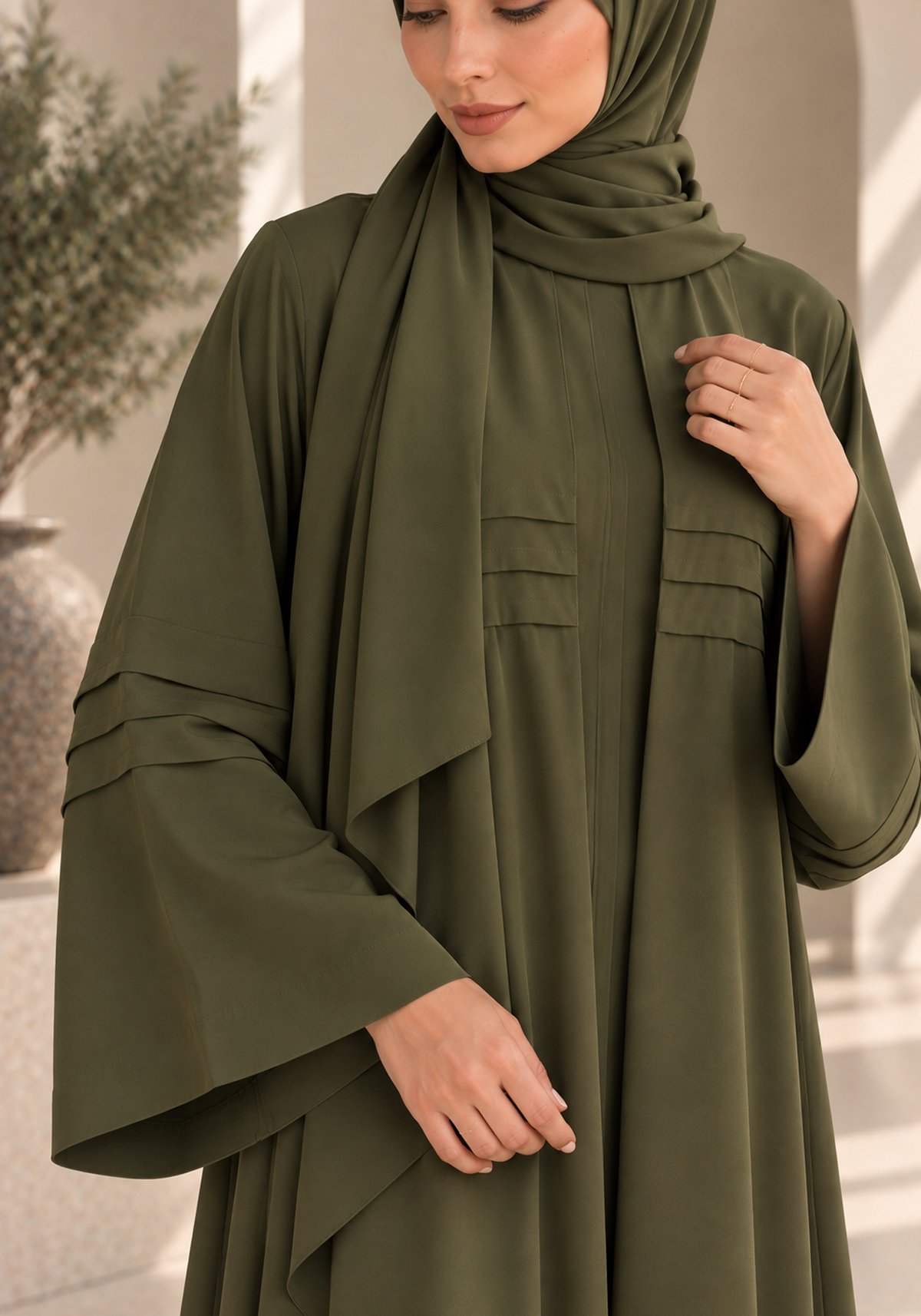 Olive Green Nida Abaya with Layered Front & Signature Pleated Details
