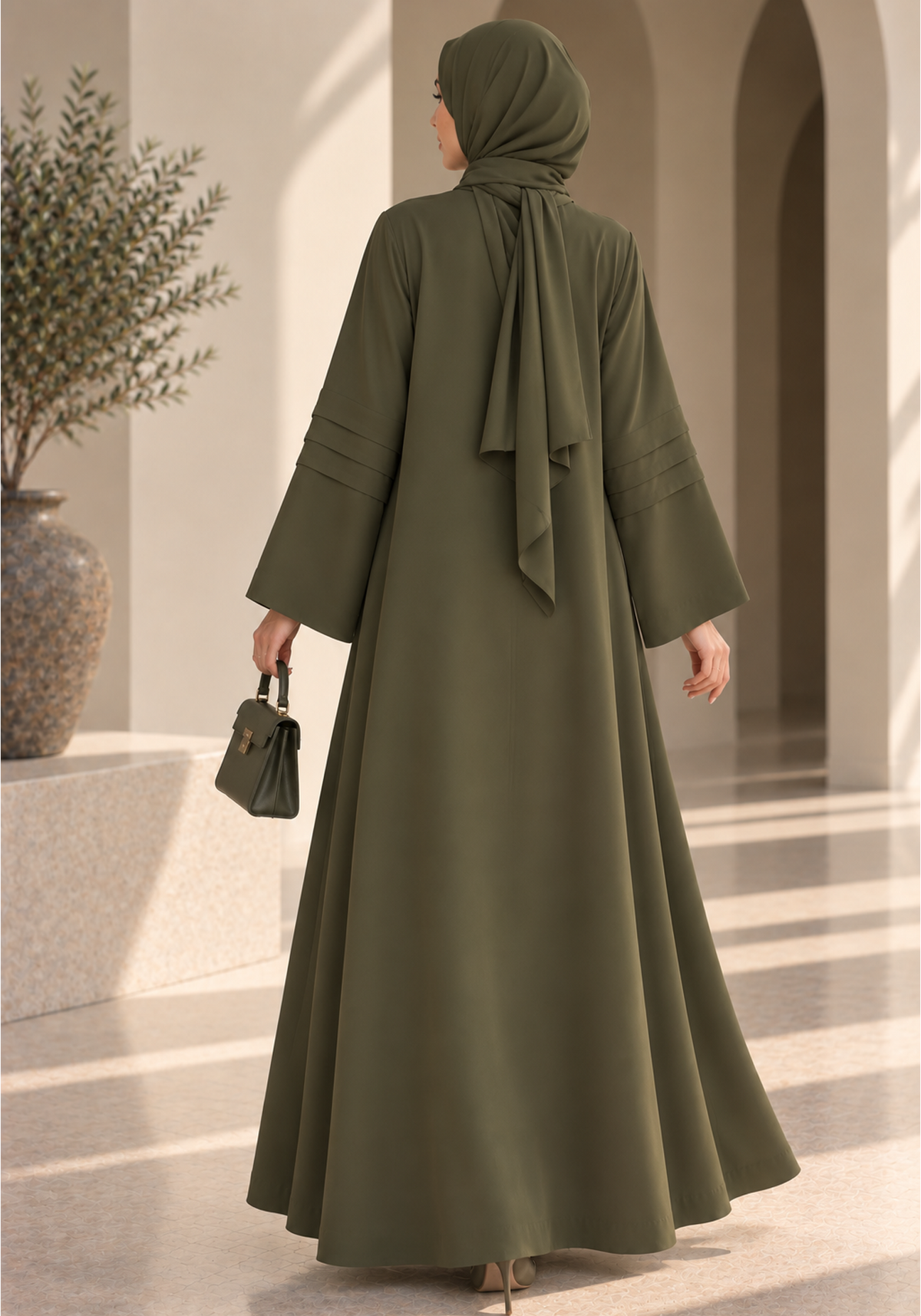 Olive Green Nida Abaya with Layered Front & Signature Pleated Details