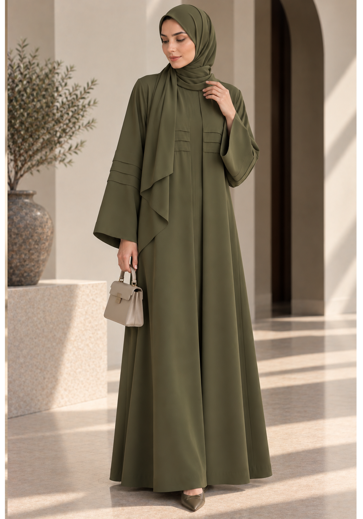 Olive Green Nida Abaya with Layered Front & Signature Pleated Details