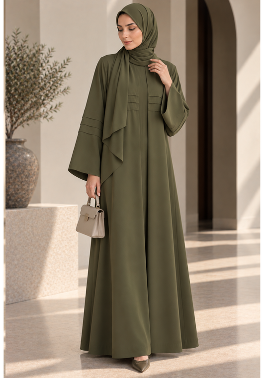 Olive Green Nida Abaya with Layered Front & Signature Pleated Details
