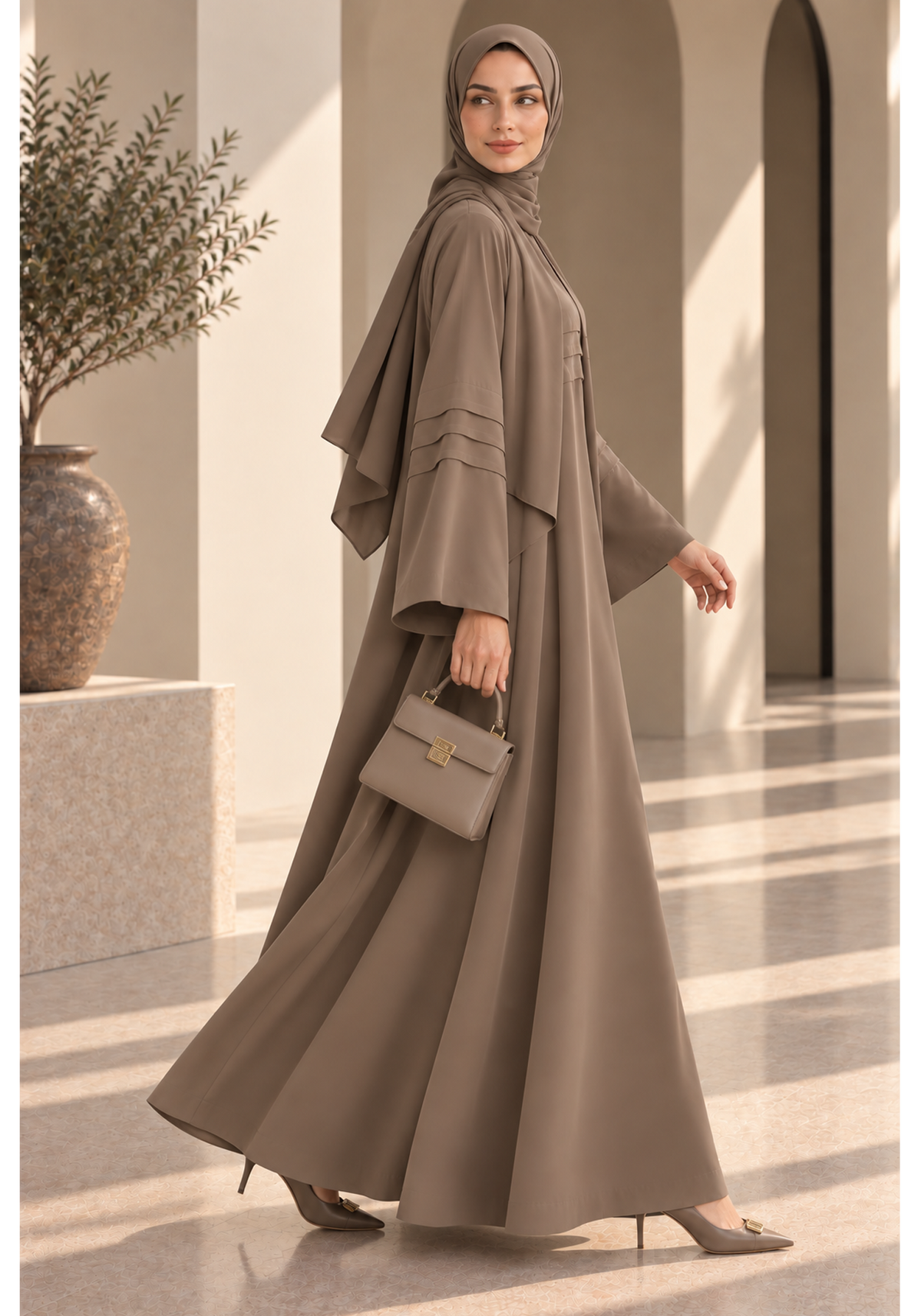 Mocha Taupe Nida Abaya with Layered Front & Signature Pleated Details