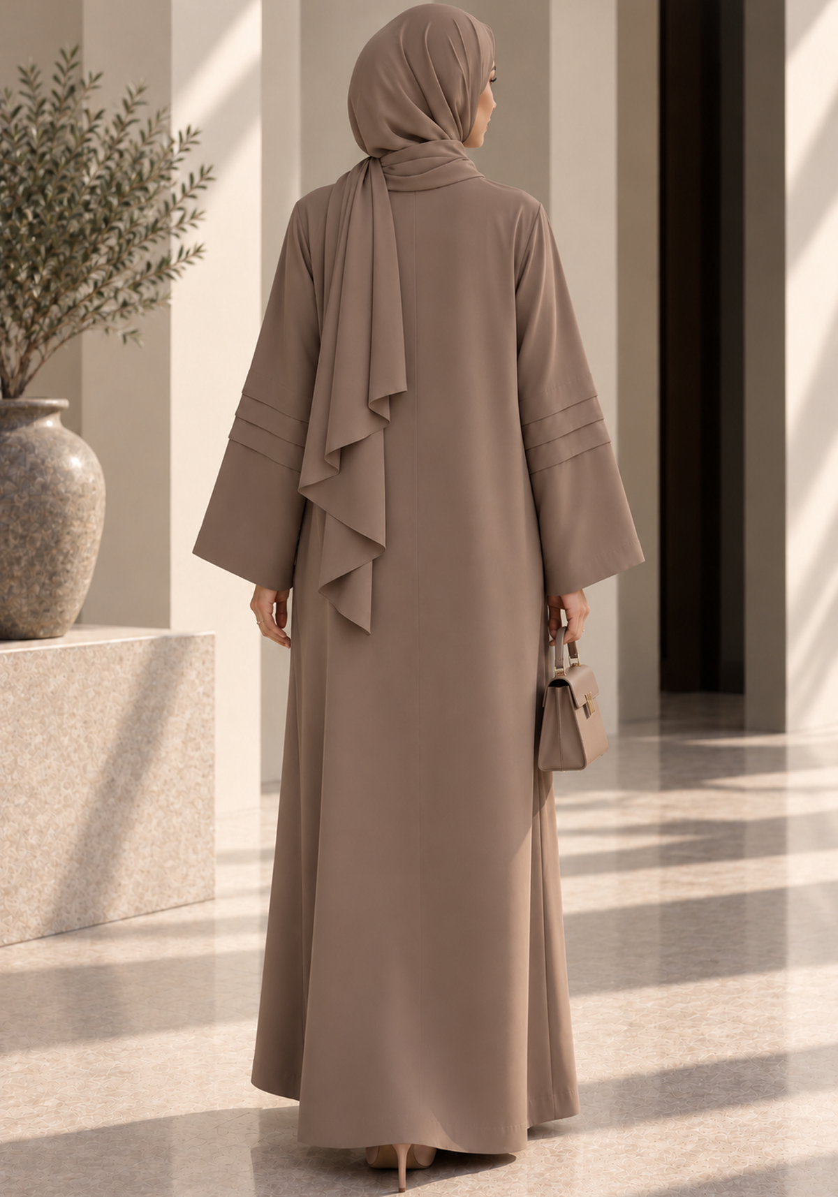 Mocha Taupe Nida Abaya with Layered Front & Signature Pleated Details