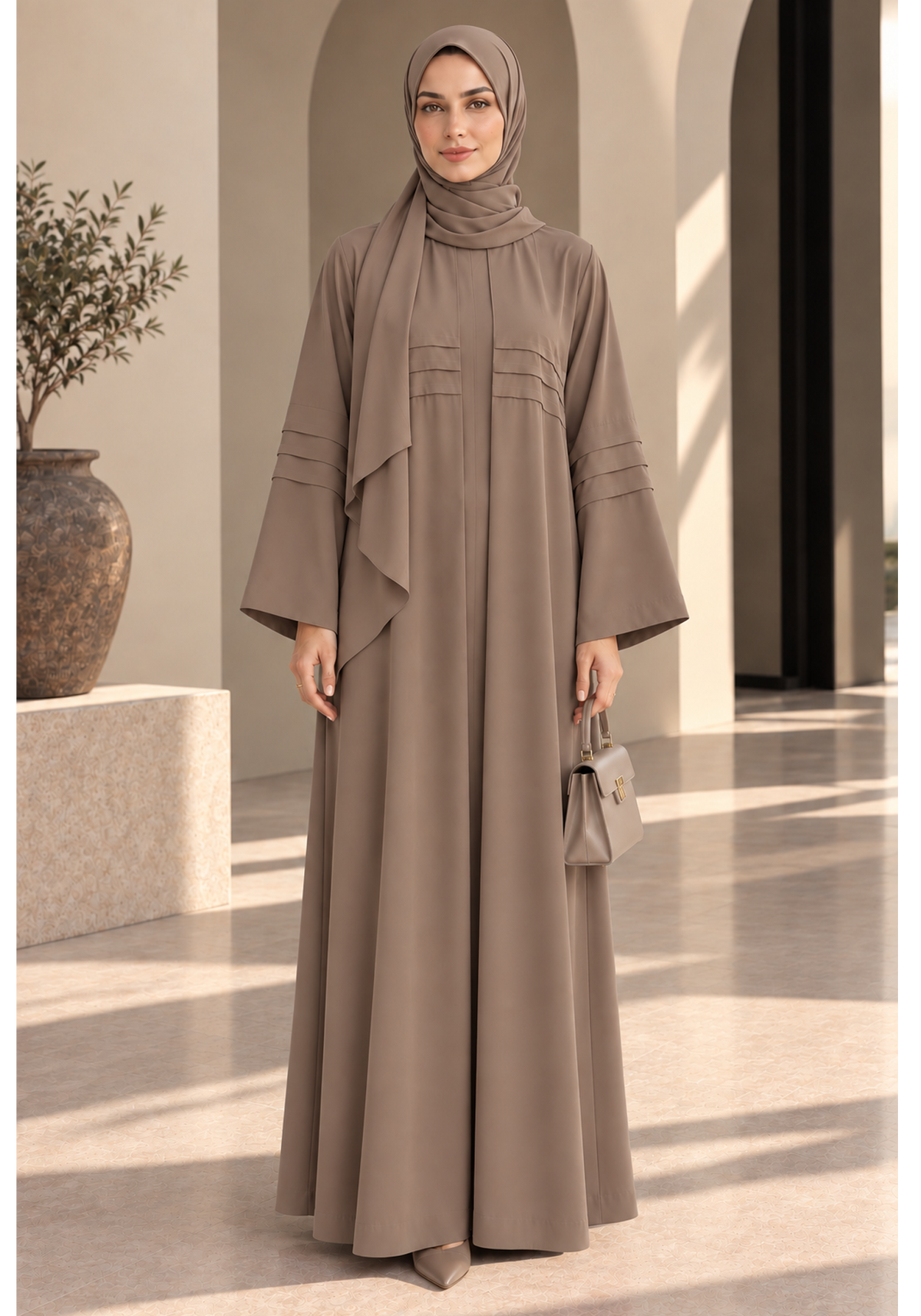 Mocha Taupe Nida Abaya with Layered Front & Signature Pleated Details