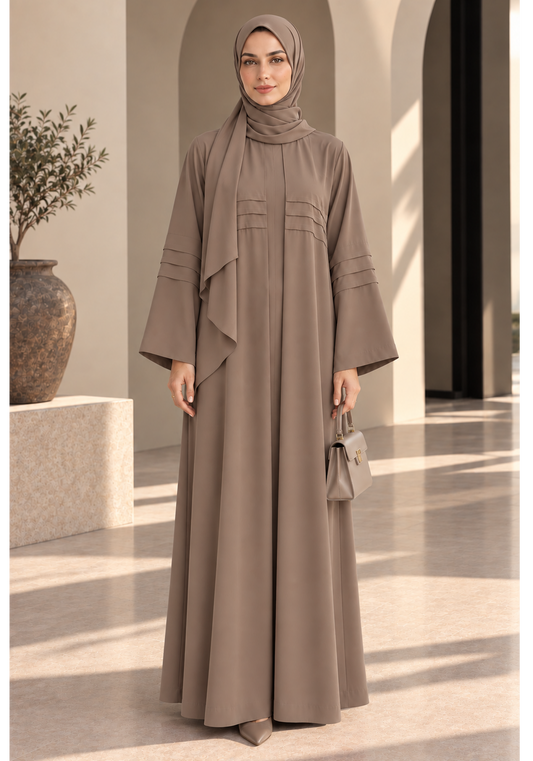 Mocha Taupe Nida Abaya with Layered Front & Signature Pleated Details