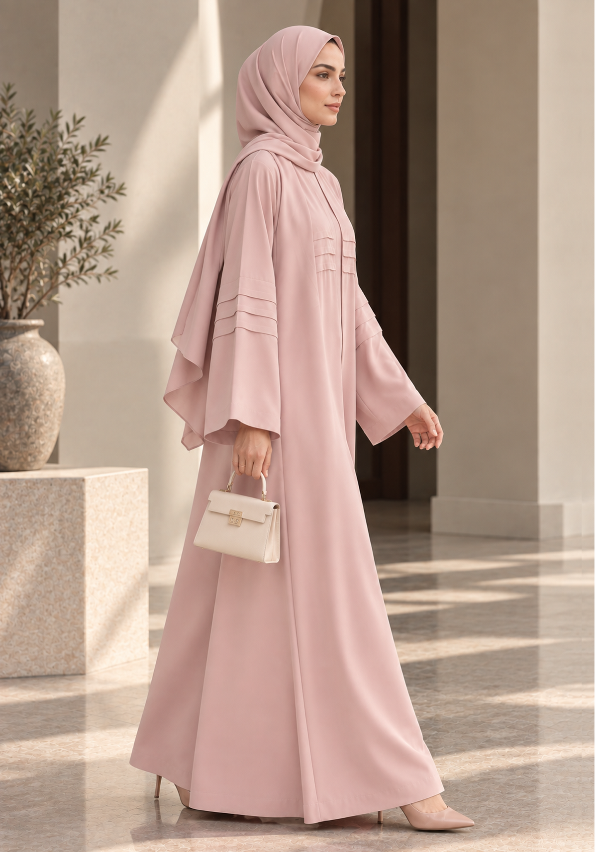 Pink Nida Abaya with Layered Front & Signature Pleated Details