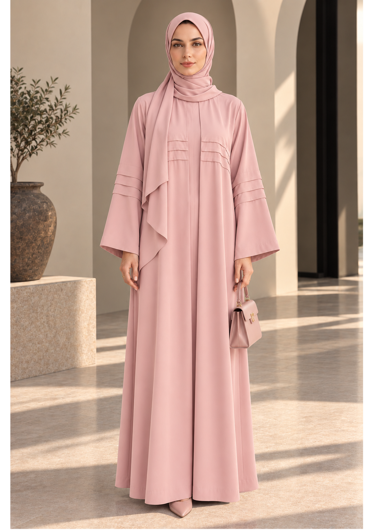 Pink Nida Abaya with Layered Front & Signature Pleated Details