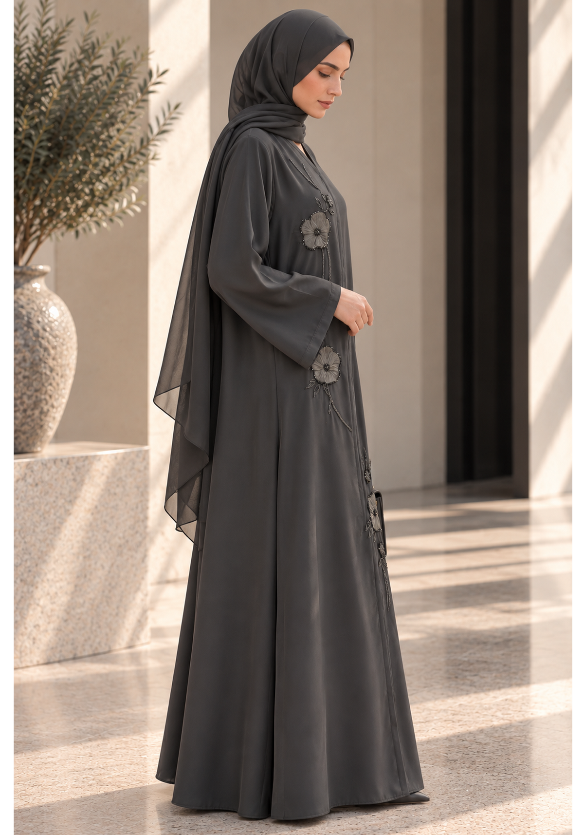 Charcoal Grey Korean Nida Abaya with Floral Lace & Handwork Detailing