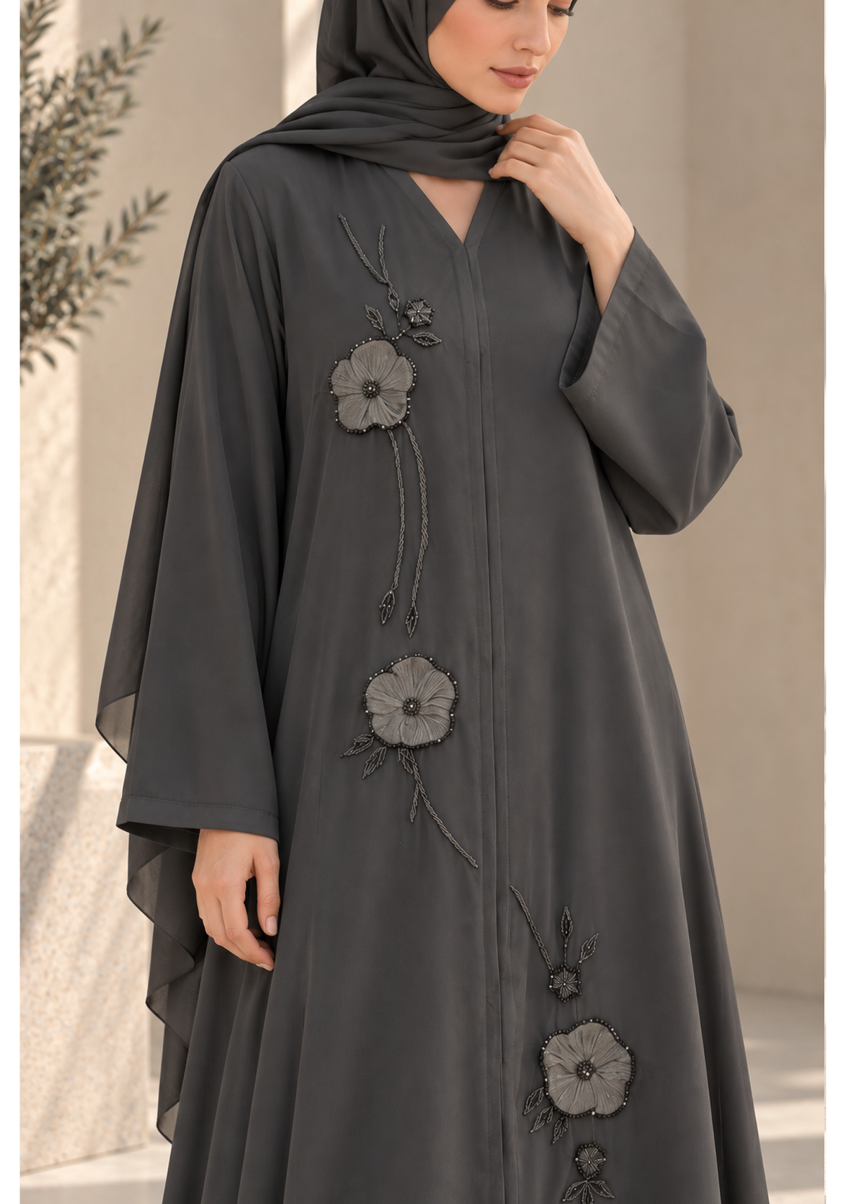 Charcoal Grey Korean Nida Abaya with Floral Lace & Handwork Detailing