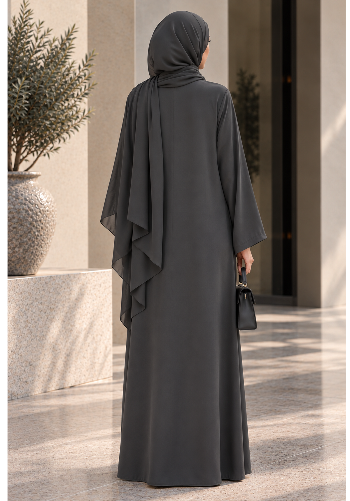 Charcoal Grey Korean Nida Abaya with Floral Lace & Handwork Detailing