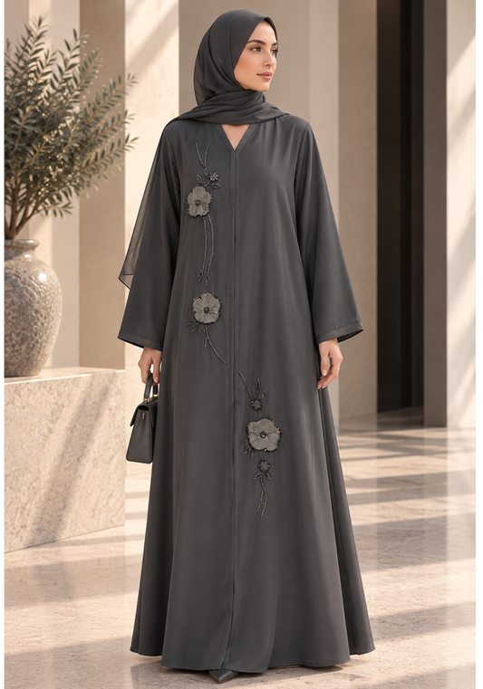 Charcoal Grey Korean Nida Abaya with Floral Lace & Handwork Detailing